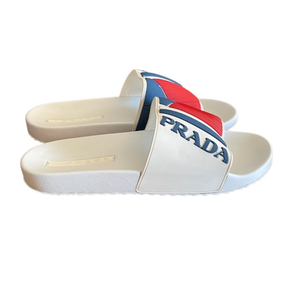 Prada Logo Embossed Poolside Slides Sandals Bianco-
Rossi US size 12